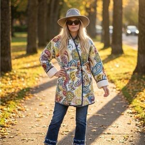Women’s Quilted Paisley Belted Coat Jacket - Multi